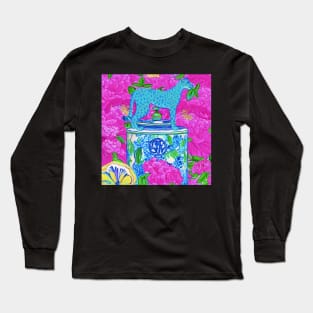 Blue panther in peony garden Long Sleeve T-Shirt